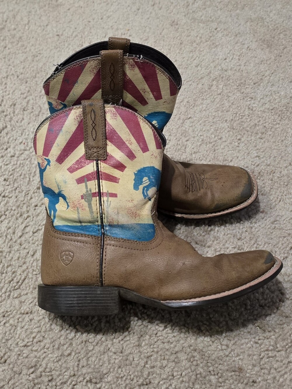Youth Ariat Cowboy Boots Dinero Tan & Sunset Scene Horses Western Size 3 Unisex